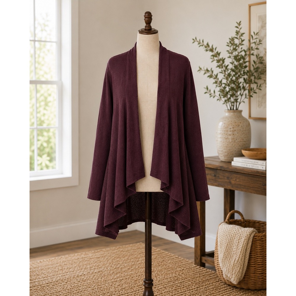Eileen Fisher Cardigan Womens Medium Plum Excellent Silk Cashmere Ribbed Draped